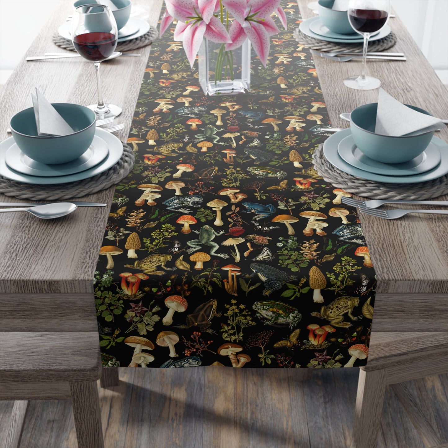 Black Frogs & Mushroom Table Runner